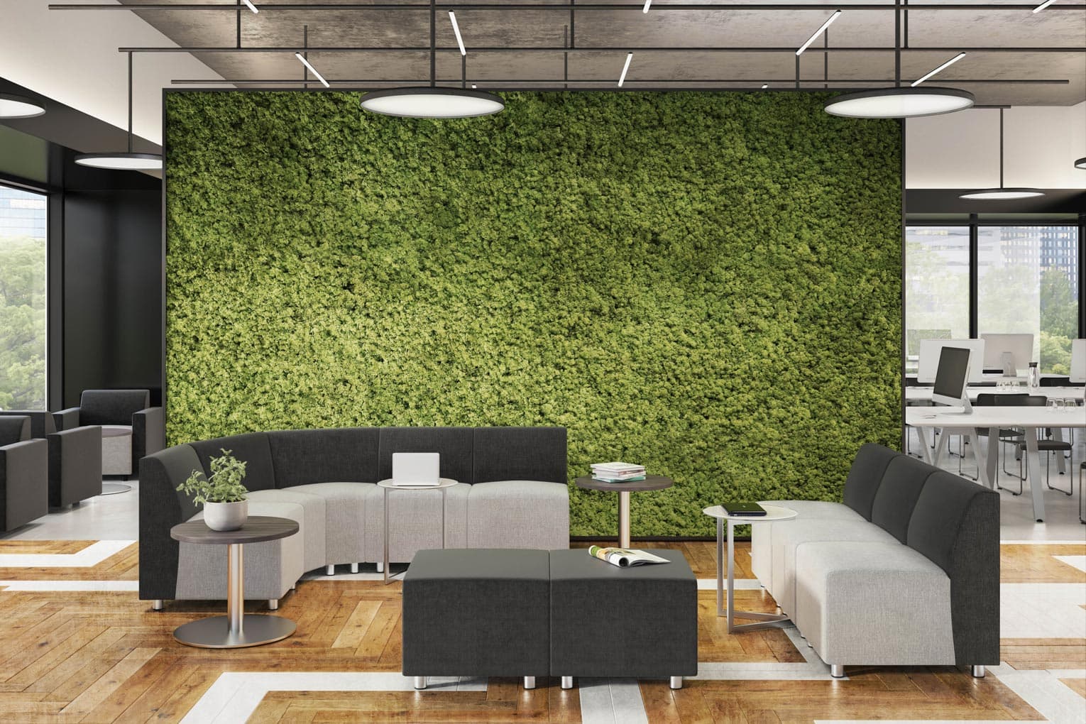 Office furniture layout showing collaborative and lounge seating